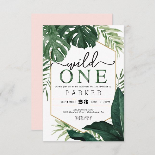 Tropical Monstera Wild One First Birthday Invite (Front/Back)