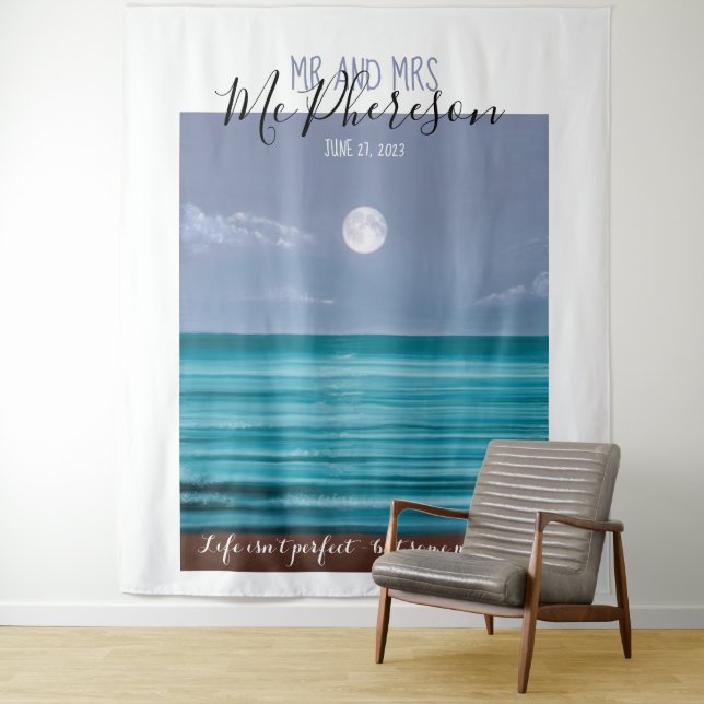 Tropical moonlit beach photo booth backdrop tapestry (In Situ)