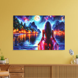 Tropical moonlit fantasy woman in paradise canvas print
