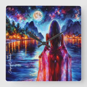 Tropical moonlit fantasy woman in paradise square wall clock