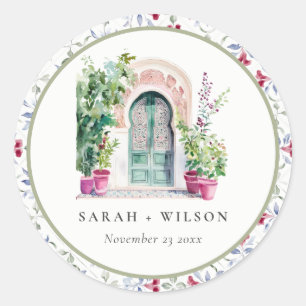 Tropical Moroccan Doorway Watercolor Wedding Classic Round Sticker