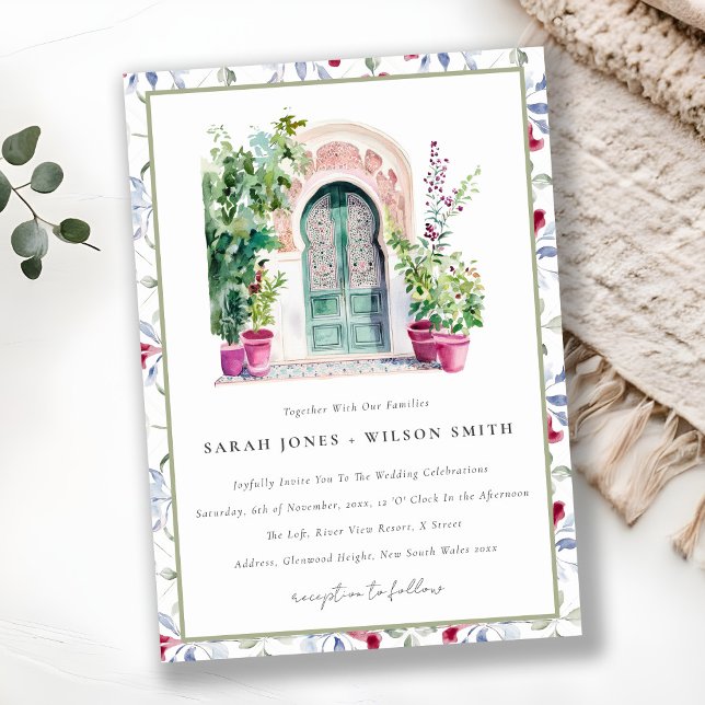 Tropical Moroccan Doorway Watercolor Wedding Invitation (Creator Uploaded)