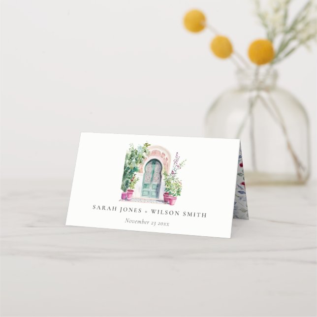 Tropical Moroccan Doorway Watercolor Wedding Place Card (Front)