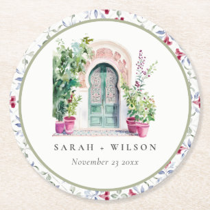 Tropical Moroccan Doorway Watercolor Wedding Round Paper Coaster