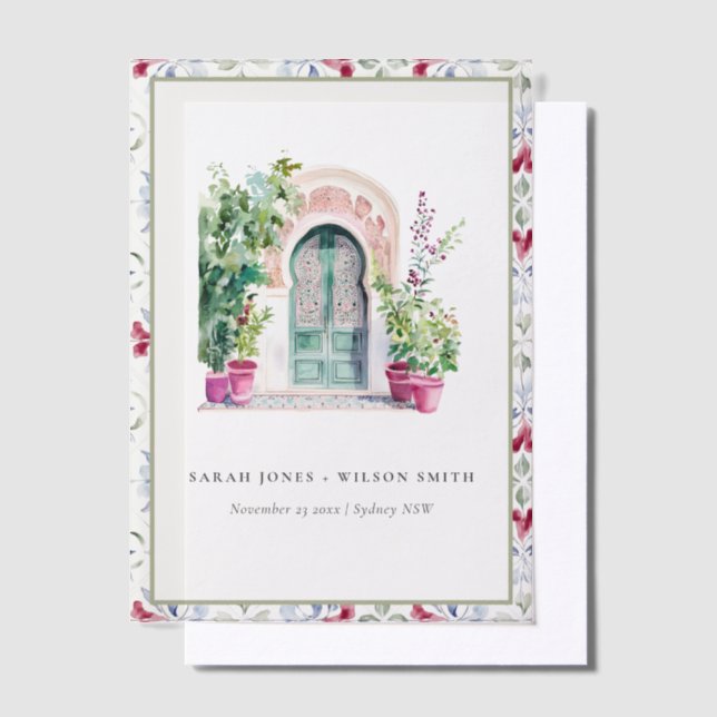 Tropical Moroccan Doorway Watercolor Wedding Vellum Invitations (Offset)