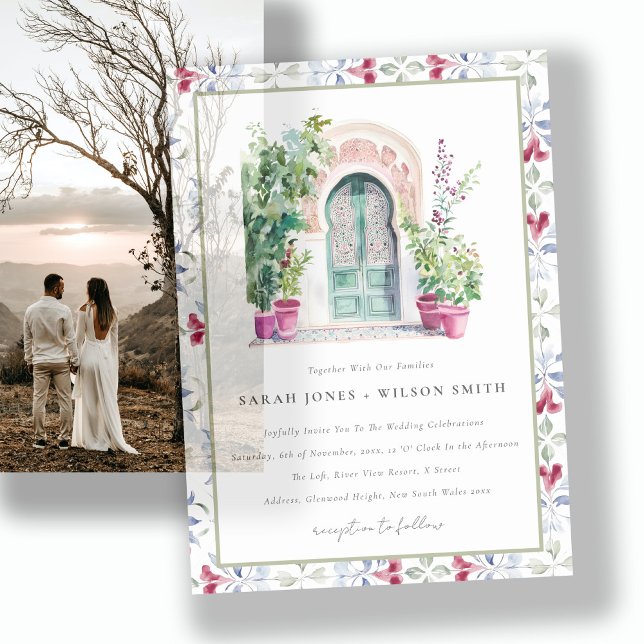 Tropical Moroccan Doorway Watercolor Wedding Vellum Invitations (Creator Uploaded)
