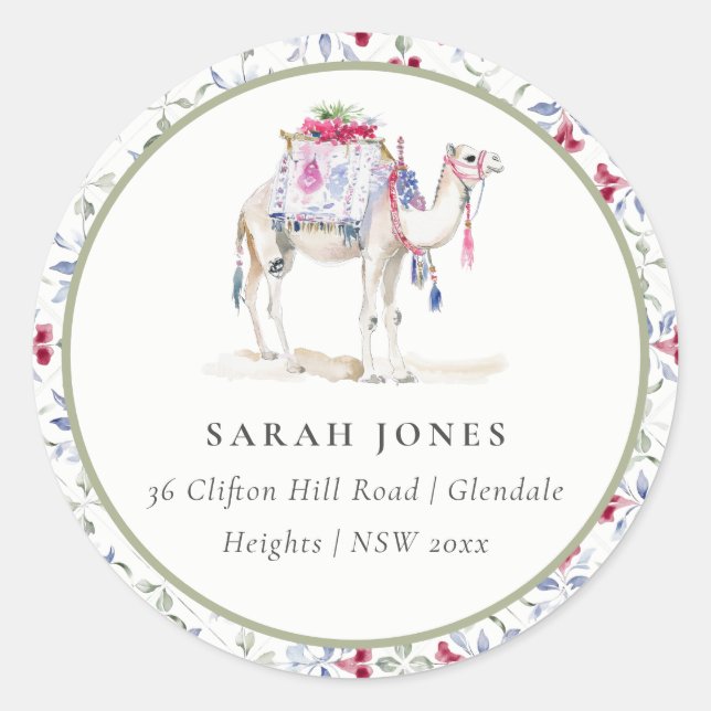 Tropical Moroccan Watercolor Camel Address Classic Round Sticker (Front)