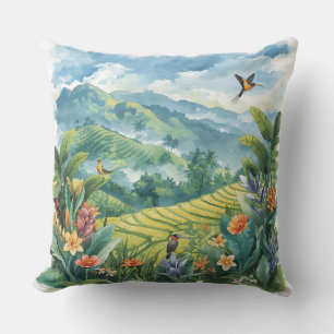 Tropical Mountain View and The Rice Field Outdoor Pillow