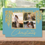 Tropical Multi Photo Collage Christmas Holiday Card<br><div class="desc">Three photos accented with faux glitter palm fronds on an aqua background (see more colours in our store), these holiday Christmas photo cards have your names on the bottom in chic lettering. Select Matte for heaviest paper and High Definition for best photo resolution. ***ONE PHOTO design is done for you...</div>