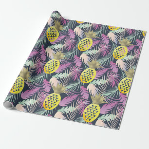 Tropical Multicolor Palm Leaves Gold Pineapples Wrapping Paper