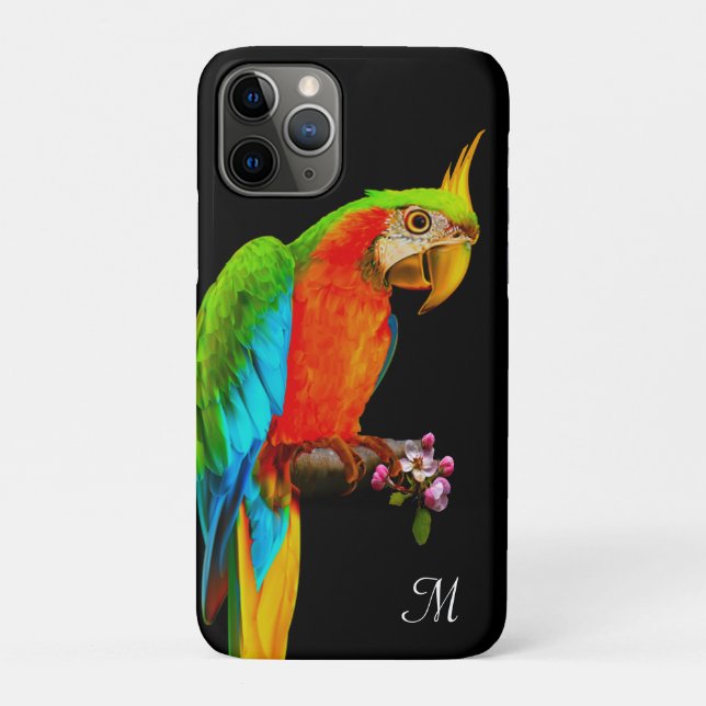 Tropical Multicolored Macaw Bird & Monogram Case-Mate iPhone Case (Back)