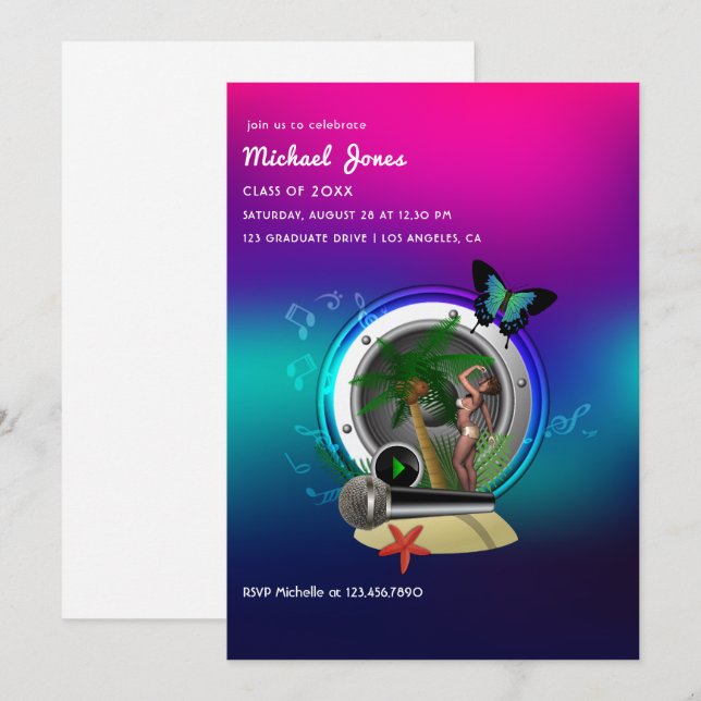 Tropical Music Fest Graduation Party Invitation (Front/Back)