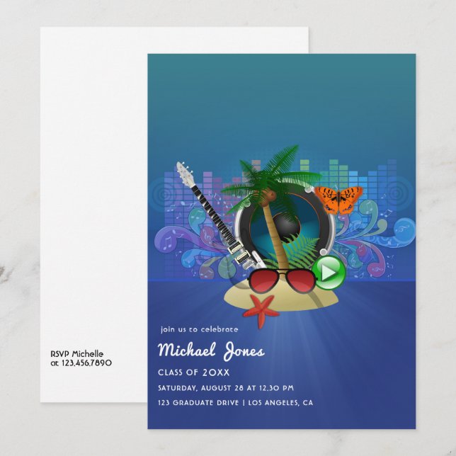 Tropical Music Fest Island Graduation Party Invitation (Front/Back)