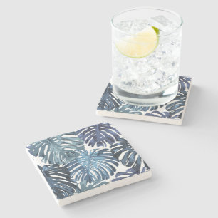 Tropical Muted Blue White Monstera Jungle Leaves Stone Coaster