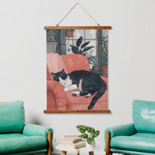 Tropical Nap: Cozy Cat in Jungle Home Hanging Tapestry
