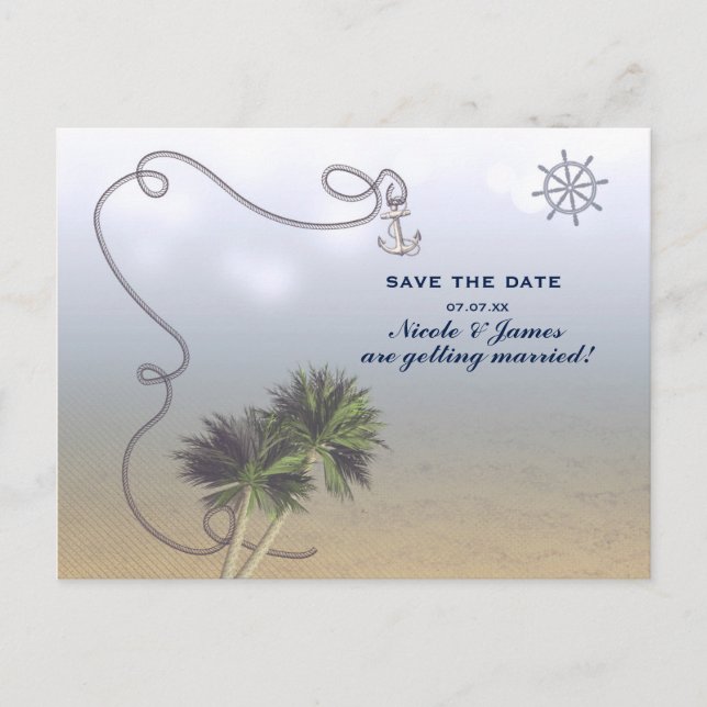 Tropical Nautical Beach & Palm Trees Save The Date Announcement Postcard (Front)