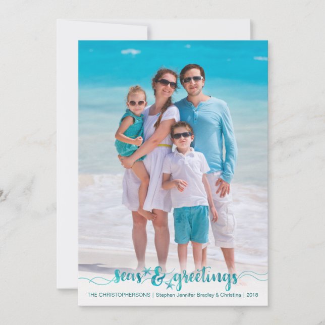 Tropical Nautical Script SEAsons Greetings Holiday Card (Front)