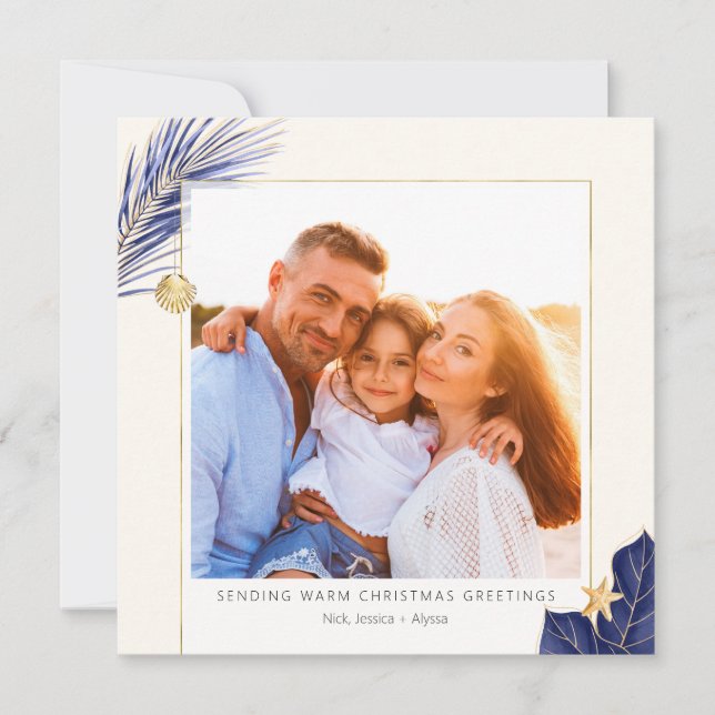 Tropical Navy Blue and Gold Greenery Photo Holiday Card (Front)