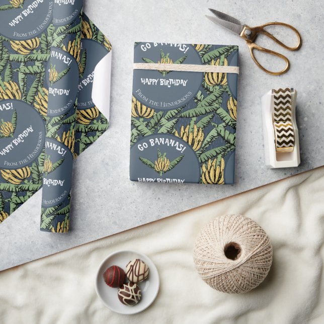 Tropical Navy Blue Go Bananas Birthday Banana Wrapping Paper (Crafts)
