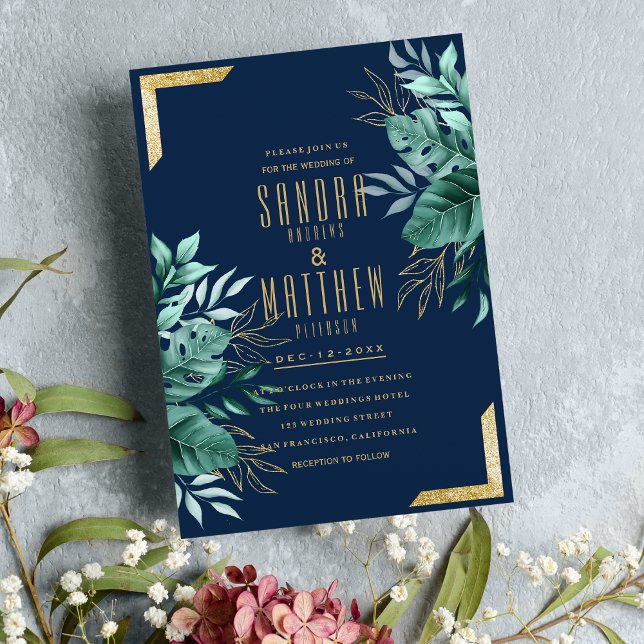 Tropical navy blue gold glitter floral Wedding Invitation (Tropical navy blue gold glitter floral Wedding )