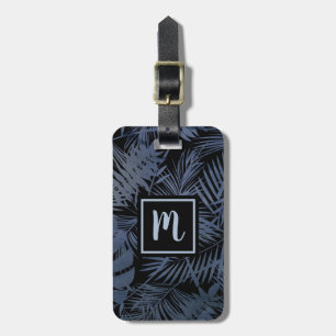 Tropical navy blue palm leaf monogram modern bold luggage tag