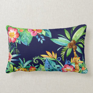 Tropical Navy Blue Palm Trees & Floral Watercolor Lumbar Pillow