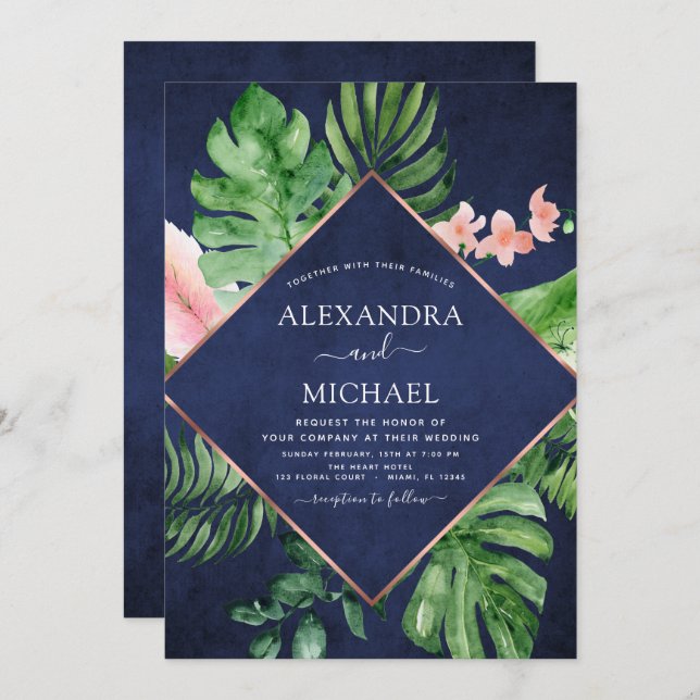 Tropical Navy Blue Watercolor Geometric Wedding Invitation (Front/Back)