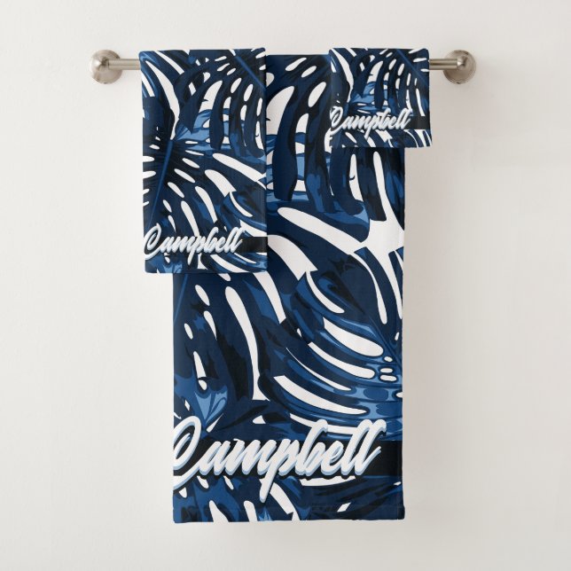 Tropical Navy Blue White Jungle Leaves Name Bath Towel Set (Insitu)