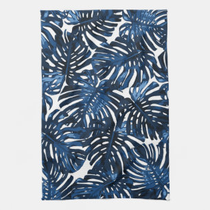 Tropical Navy Blue White Monstera Jungle Leaves Kitchen Towel