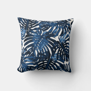 Tropical Navy Blue White Monstera Jungle Leaves Throw Pillow