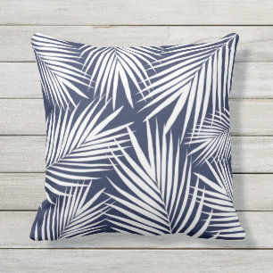 Tropical Navy Blue White Palm Leaves Outdoor Pillo Pillow