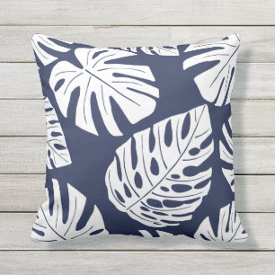 Tropical Navy Blue White Palm Monstera Leaves Outd Outdoor Pillow