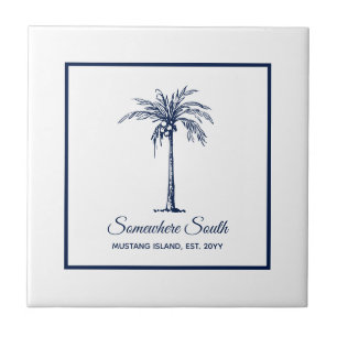 Tropical Navy Blue White Palm Tree Custom Tile