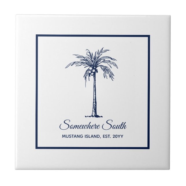 Tropical Navy Blue White Palm Tree Custom Tile (Front)