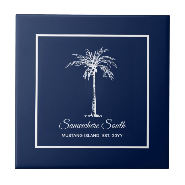 Tropical Navy Blue White Palm Tree Personalized Tile (Front)