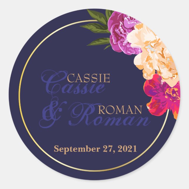 Tropical, Navy Floral Wedding Stickers (Front)