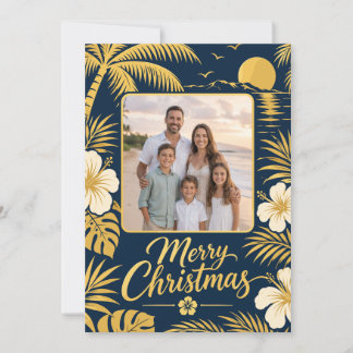 Tropical Navy Gold Merry Christmas Family Photo Holiday Card