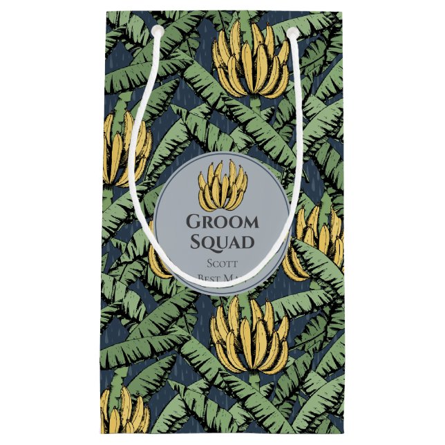 Tropical Navy Groom Squad Banana Leaves Small Gift Bag (Front)