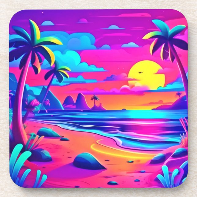 Tropical Neon Beach Sunset Art Coaster (Front)