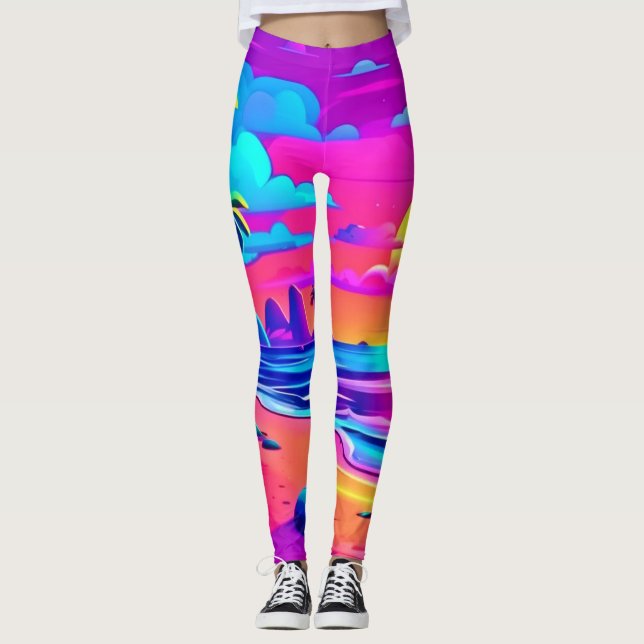 Tropical Neon Beach Sunset Art Leggings (Front)