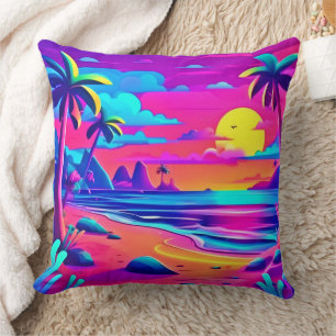 Tropical Neon Beach Sunset Art Throw Pillow