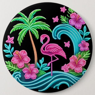 Tropical Neon Flamingo 6 Inch Round Button