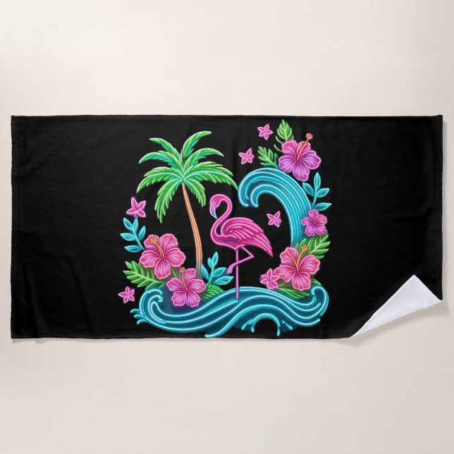 Tropical Neon Flamingo Beach Towel (Front)