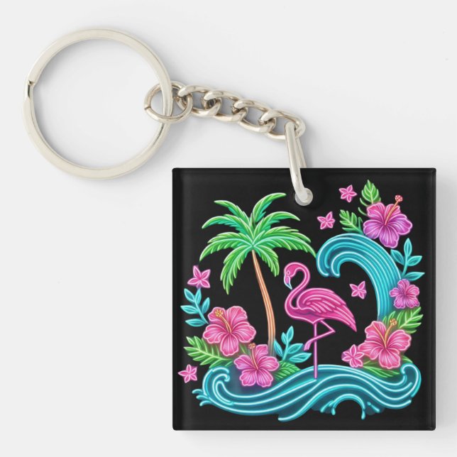 Tropical Neon Flamingo Keychain (Front)
