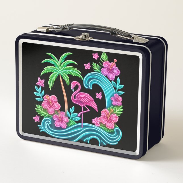 Tropical Neon Flamingo Metal Lunch Box (Front)