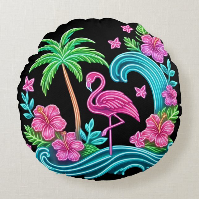 Tropical Neon Flamingo Round Pillow (Front)