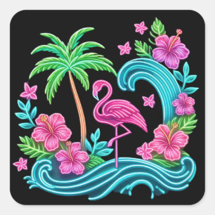 Tropical Neon Flamingo Square Sticker