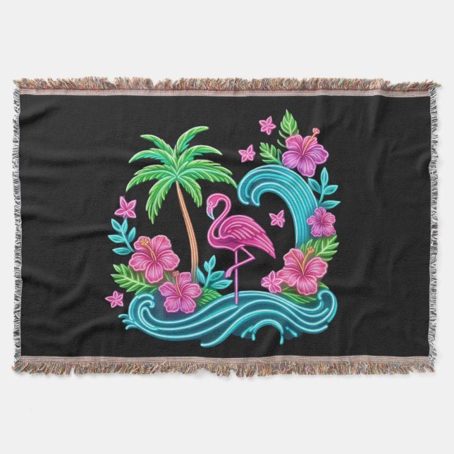 Tropical Neon Flamingo Throw Blanket (Front)