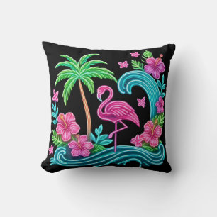 Tropical Neon Flamingo Throw Pillow
