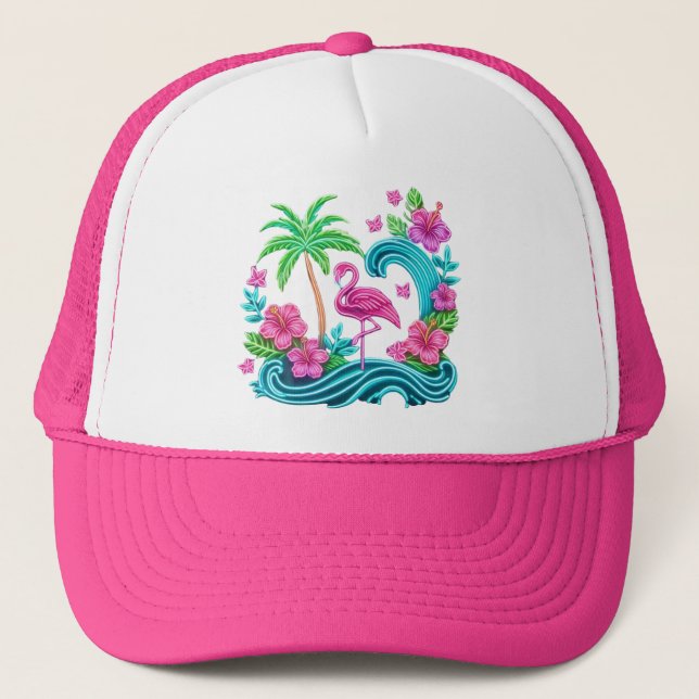 Tropical Neon Flamingo Trucker Hat (Front)